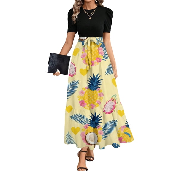 LWavelet Women's Puff Sleeve Two-Piece Maxi Skirt Set, Pineapple Print for Vacation & Summer Outfits Ginger XL