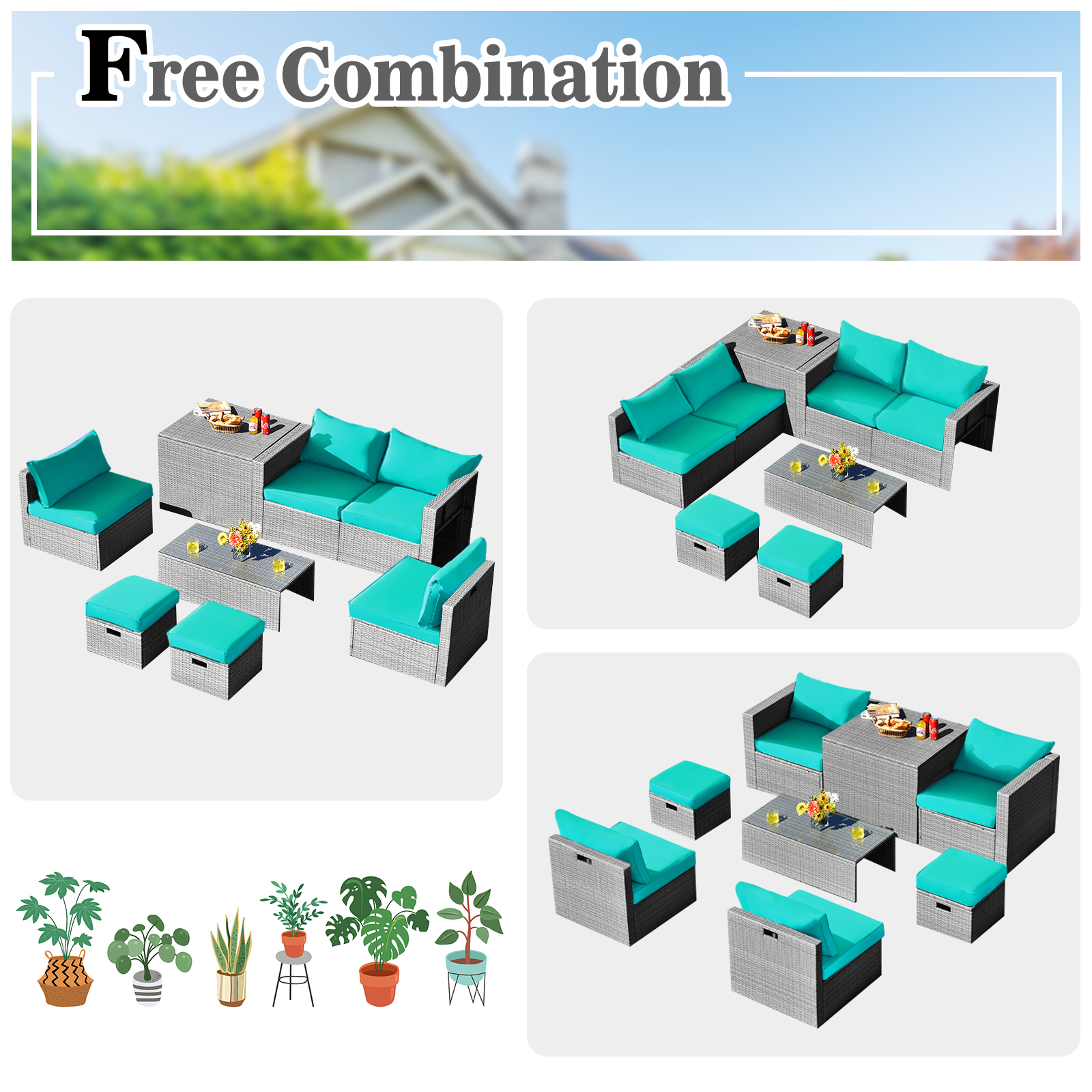 Patiojoy 8 Pieces All-Weather PE Rattan Patio Furniture Set Outdoor Space-Saving Sectional Sofa Set with Storage Box Turquoise - image 3 of 9