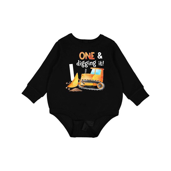 Inktastic One and Digging It Bulldozer 1st Birthday Baby Fleece Bodysuit