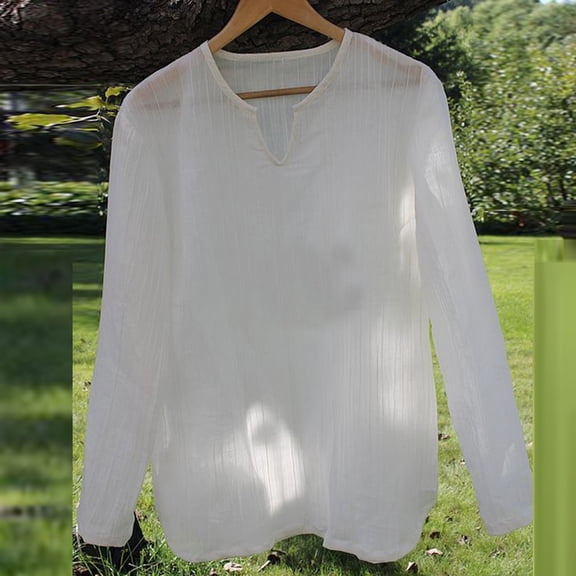 Cosfo V-Neck Men Shirt Casual Long Sleeve White Breathable Solid Pullover Mens T Shirts