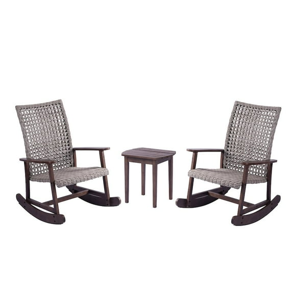Jiallo Pine Wood And Wicker Rattan - Chat Set Rocking Chair And End Table