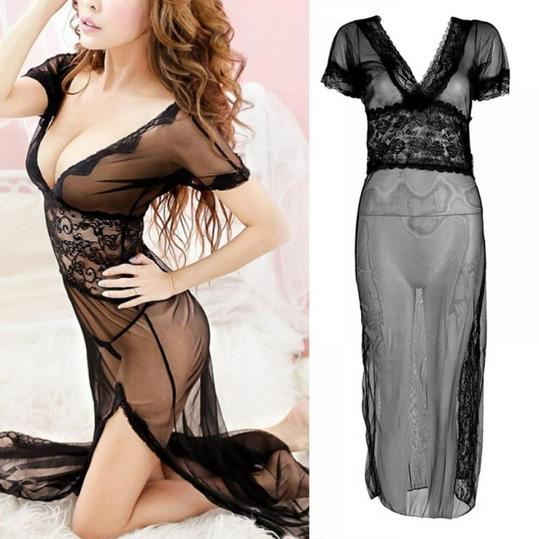 Summark Women Sexy Long Dressing Night Gown Sheer Transparent Dress Nightgown Nightie Sleepwear Lingerie Thong Set Walmart