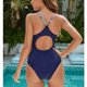 thumbnail image 5 of Traje de baño de una pieza Impreso Twist Front Sin respaldo Cuello en U Traje de baño hueco para mujer para verano Azul oscuro S, 5 of 7