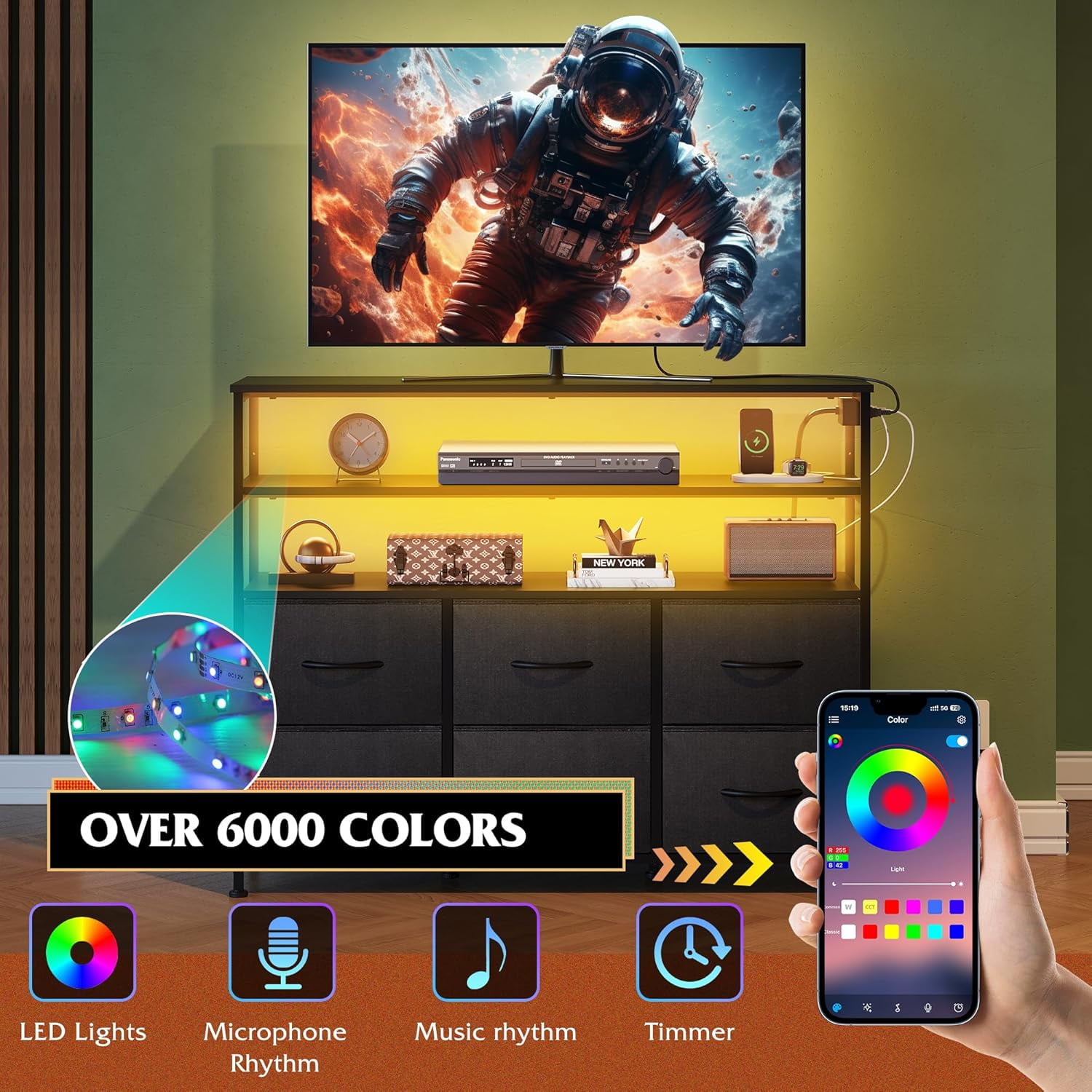 MCQ 39-inch TV Stand for up to 45 inch TVs, Entertainment Center with RGB LED Lights & Charging Station, Media Console with 6 Fabric Drawers, Black