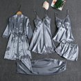 thumbnail image 2 of Ugoldhm Womens Silk Pajamas Robes Set Sexy Satin Pjs Sets 5Pcs Lace Loungewear Nightgown, 2 of 3