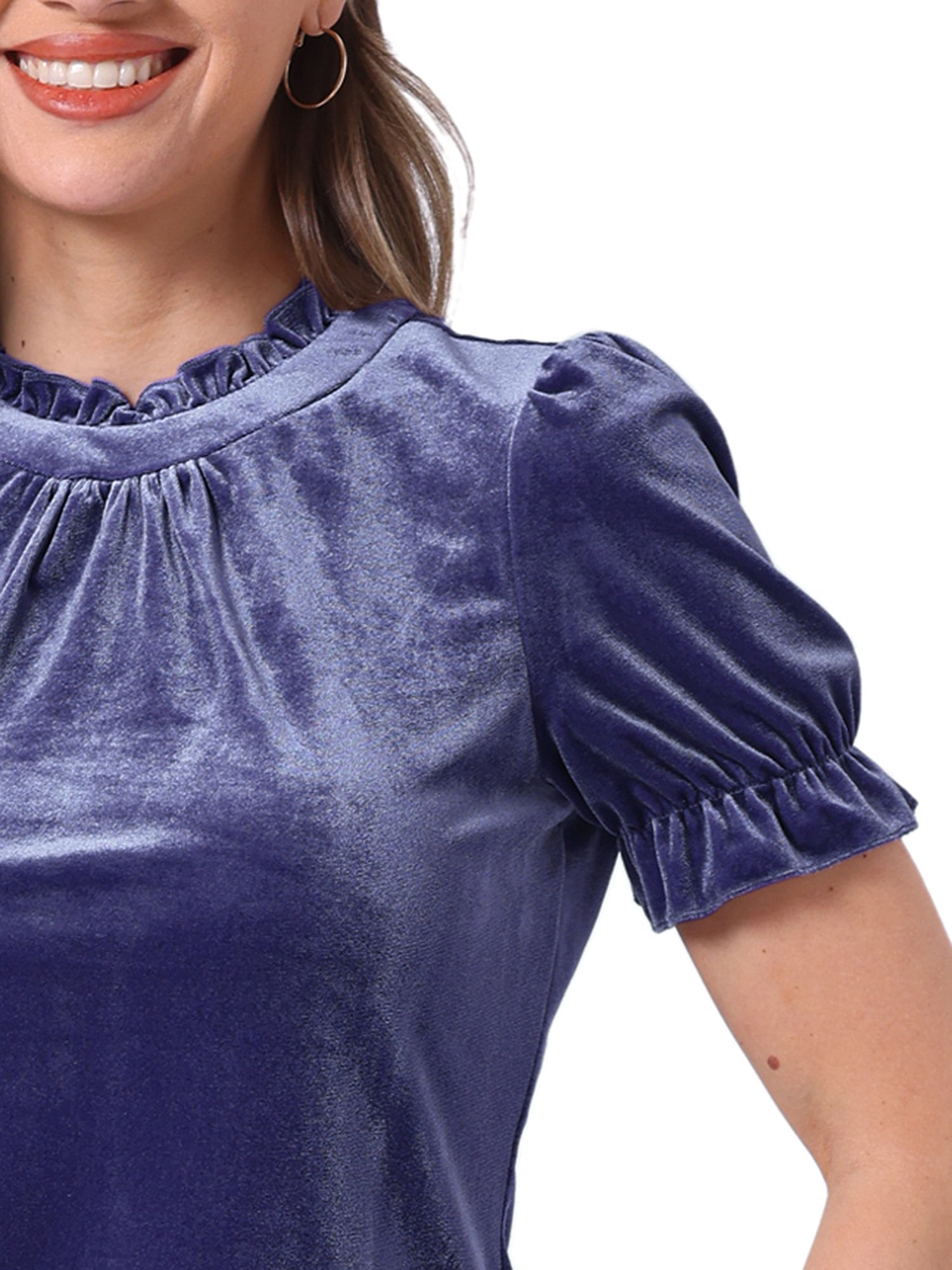 DARING DIVA Women's Ruffle Collar Shirt Velvet Tops Blouse S Dusty Purple Blue