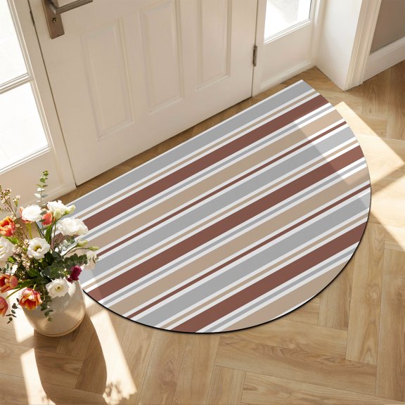 Half Circle Bath Mat Brown Stripes Semicircular Doormat Non Slip Absorbent Quick Dry Diatomite Stone Grey Khaki Classic Striped Drying Shower Mat for Bathroom Floor Bathtub Entryway Kitchen 16"x24"