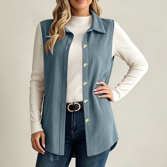 Maqroz Womens Outerwear Vests Collared Sleeveless Cardigans Button Down Long Jackets Loose Solid Corduroy Tops for Casual and Office
