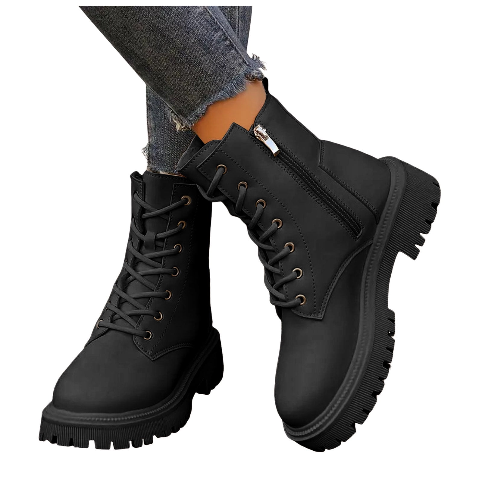 Chenyee Ankle Boots for Women Vintage Buckle Strap Suede Platform