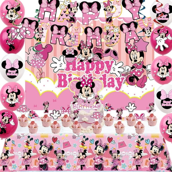 52pcs Minnie Party Supplies, Birthday Party Decorations Set Include Banner, Backdrop, Balloons, Hanging Swirls, Cake Cupcake Toppers, for boys Party Decorations