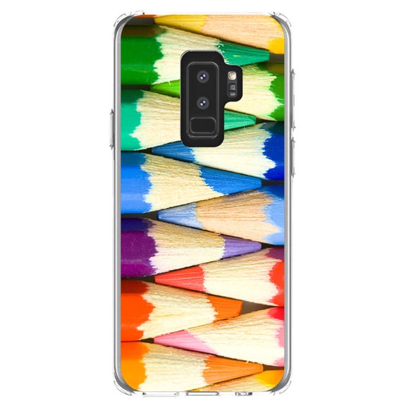 DistinctInk Clear Shockproof Hybrid Case for Samsung Galaxy S9  PLUS (6.2" Screen) - TPU Bumper, Acrylic Back, Tempered Glass Screen Protector - Rainbow Colored Pencils - Rainbow Art Supplies