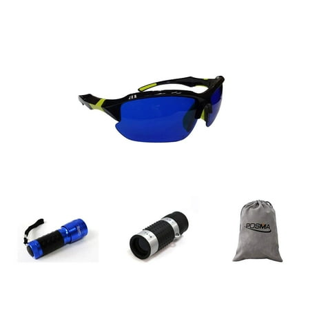 POSMA SGG-050D Golf Ball Finder Glasses Bundle Set with Flashlight + Golf Rangefinder + Flannel Storage