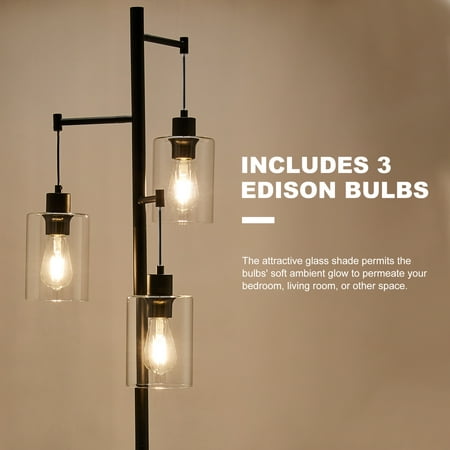 165cm 3 Light Industrial Floor Lamp, Edison Bulb Lamp With Glass Shade