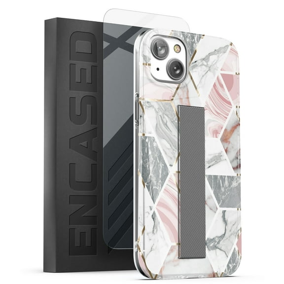 Encased Bando Series Designed for iPhone 14 PLUS Case with Hand Strap Loop and Screen Protector for Women, Retail Packaging (Marble Design)