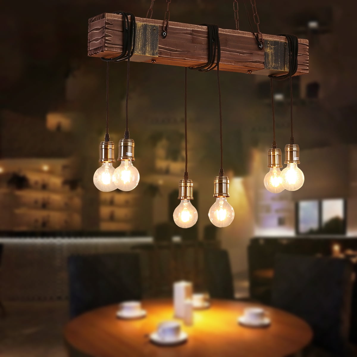 iMeshbean Rustic Chandelier Farmhouse Wood Beam Hanging Industrial Pendant Lighting Vintage Ceiling Light Fixture 6 Heads for Dining Table Kitchen Island Bar Coffee Billiard Pool Table Easy to Install