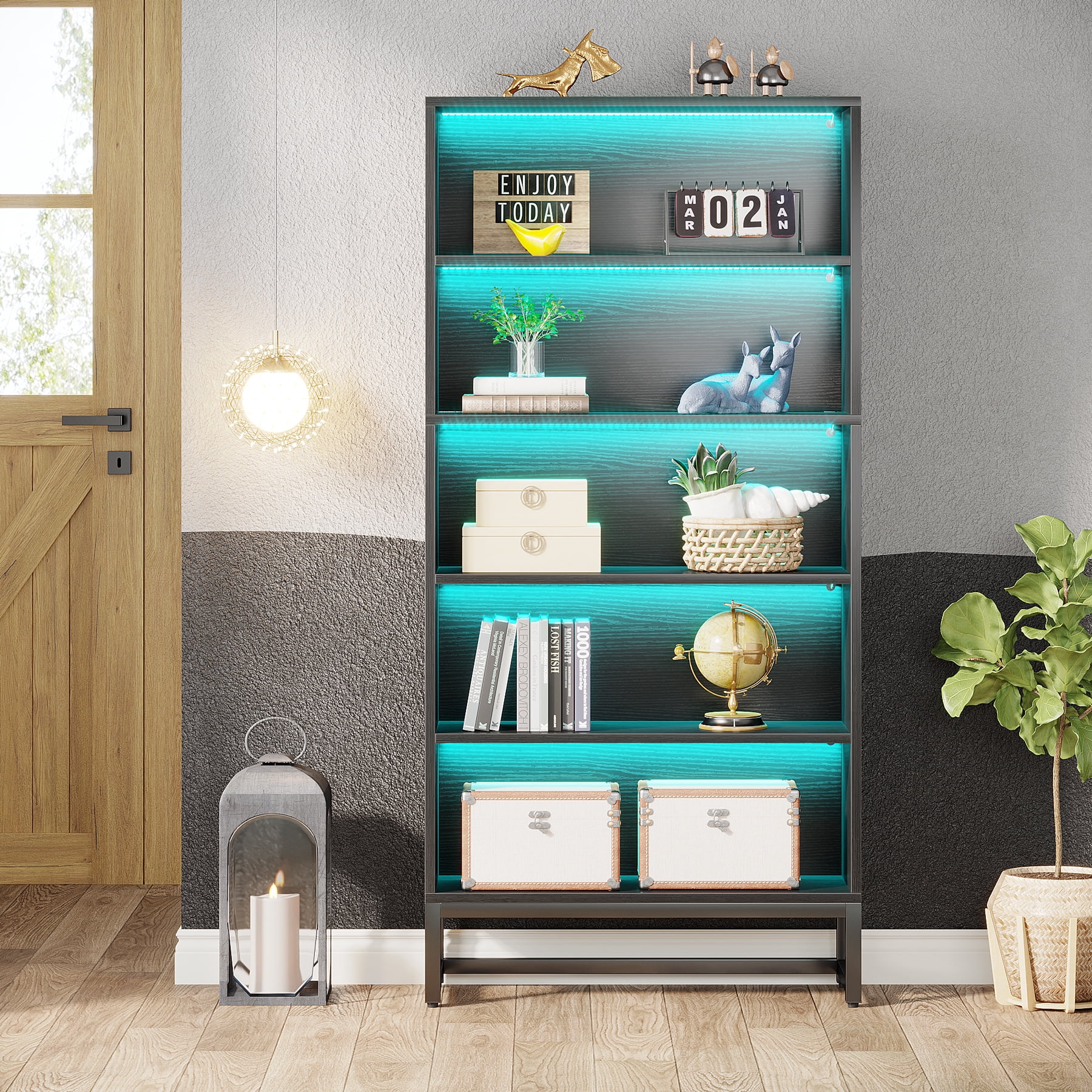 Tribesigns 70.8" Tall Bookcase with LED Lights, 5-Tier Large Bookshelf Heavy Duty Bookcases Organizer Free-Standing Library Bookshelf, Black