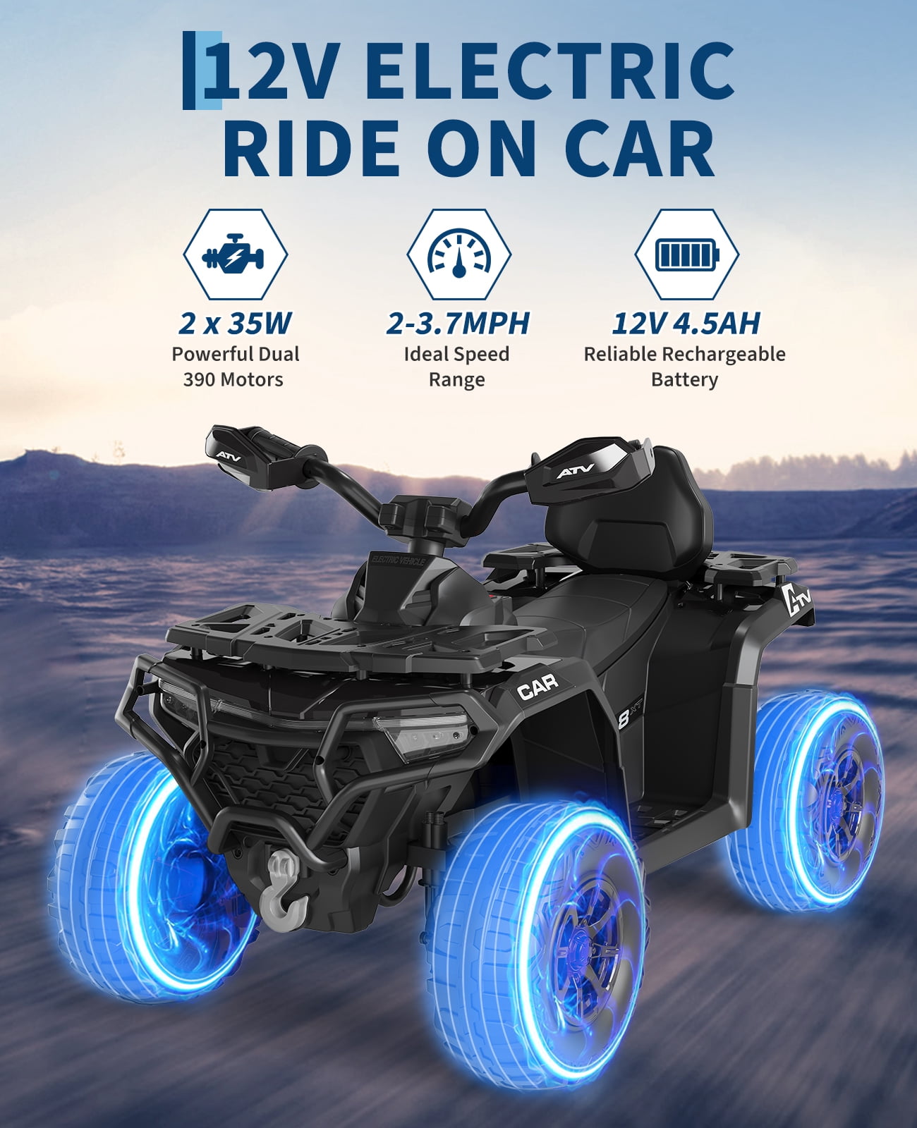 Roromall 12V Kids Ride on ATV Car w/Parent Remote Control, Spring Suspension, LED Lights, USB, Music, Volume Control, Off-Road 4 Wheeler w/LED Flag for Boys & Girls Ages 3+