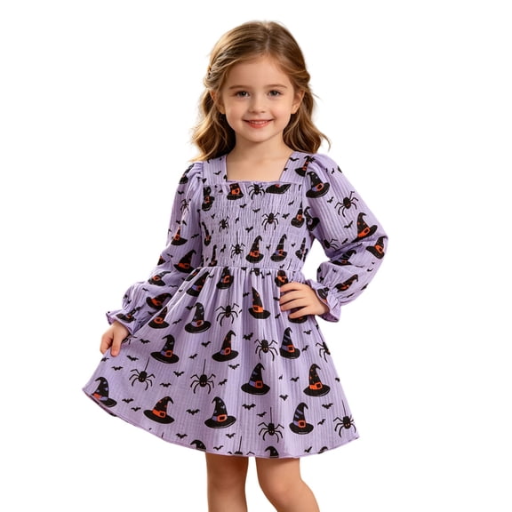 Likimi Toddler Girls Hallowmas Dress Square Neck Long Sleeve Halloween Cartoon Print For Party Fashionable Dresses Size 12M