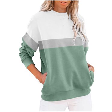 jsaierl Womens Sweatshirt Crew Neck Color Block Top Loose Pullover Sweatshirt Long Sleeve Casual Shirt Blouse with Pocket