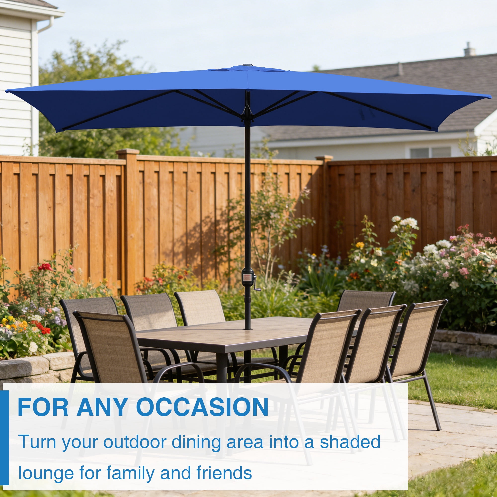 Abble 10x6.5ft Rectangular Patio Umbrella with Crank Handle, Outdoor Market Umbrella with 6 Sturdy Umbrella Ribs, Waterproof, Blue