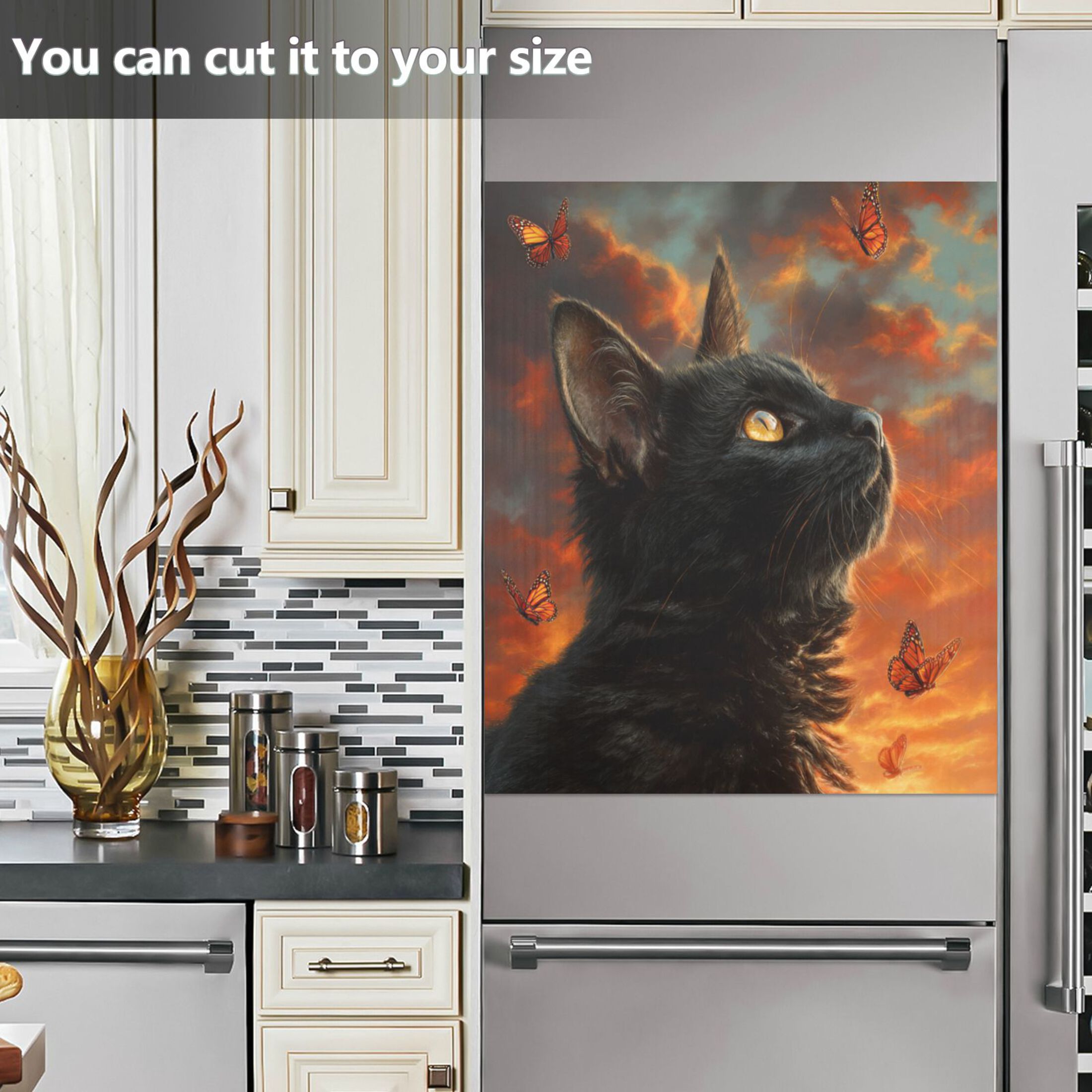 Dishwasher Magnetic Refrigerator Magnet Cover Sticker Home Decorative 23"x26" Lonely Cat and Orange Butterfly