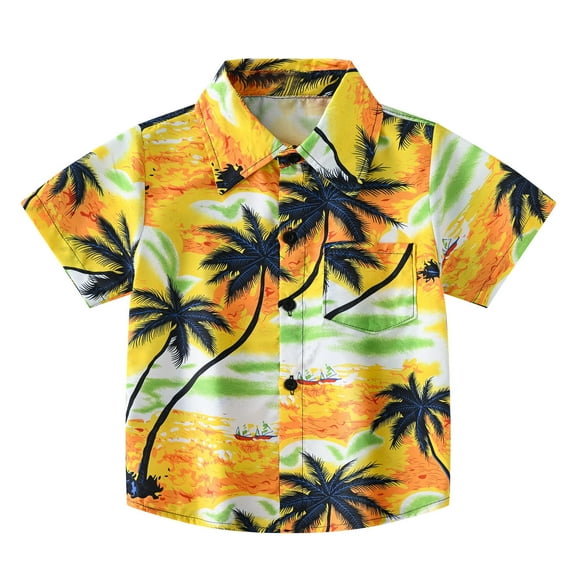 ZCFZJW Hawaiian Shirts for Baby Boys Summer Beach Short Sleeve Tropical Palm Tree Seaside Print Short Sleeve Button Down Retro Shirts Yellow 5-6Years