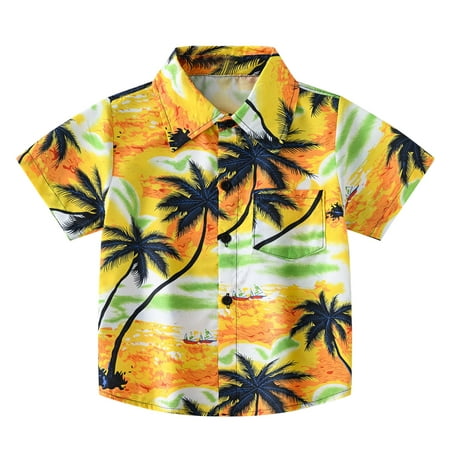 

ZCFZJW Hawaiian Shirts for Baby Boys Summer Beach Short Sleeve Tropical Palm Tree Seaside Print Short Sleeve Button Down Retro Shirts Yellow 3-4Years