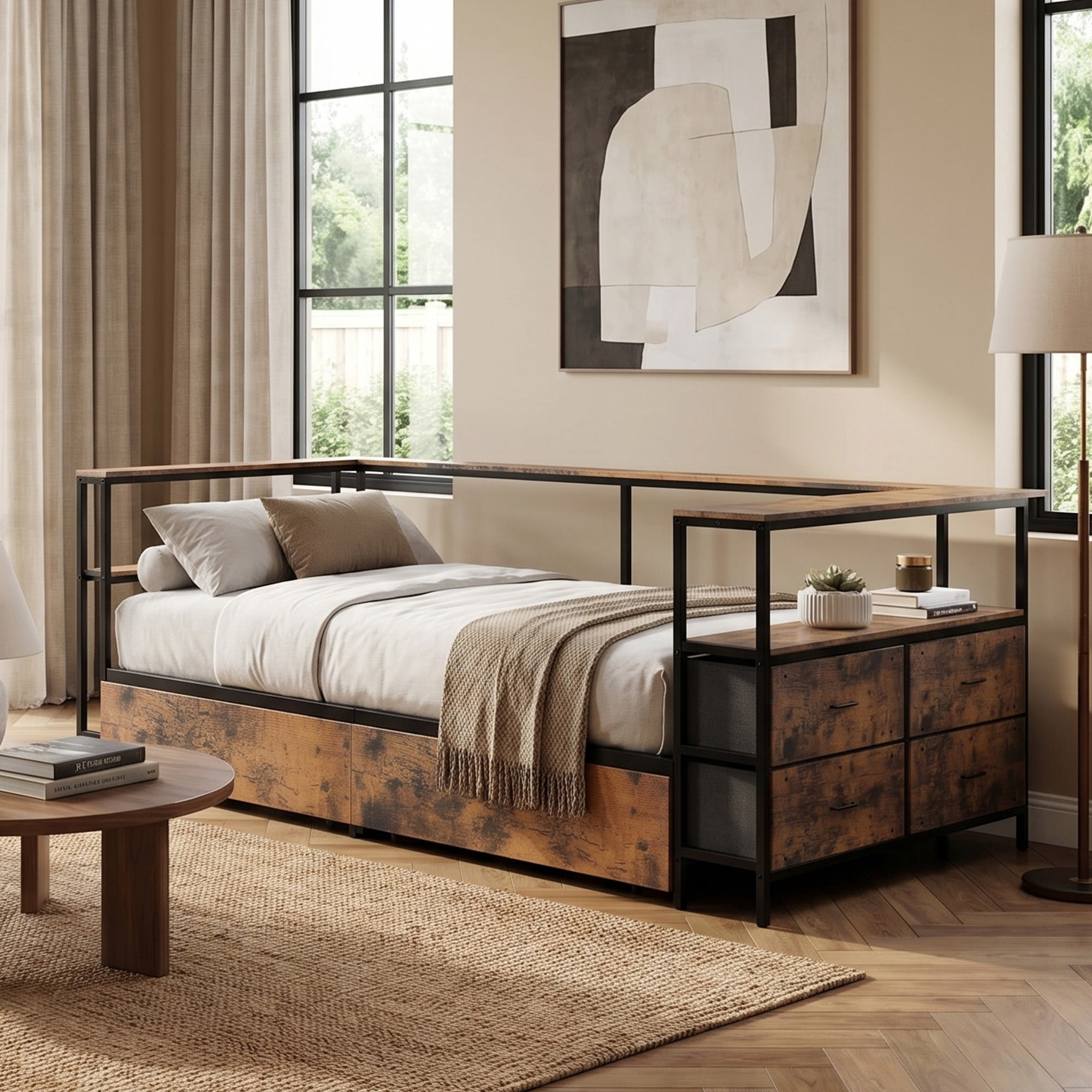 BSHTI Twin Size MDF & Metal Corner Bed Frame with Storage, Space Saving Bed Frame with Drawers, Reversible L-Shape for Bedroom（Black)