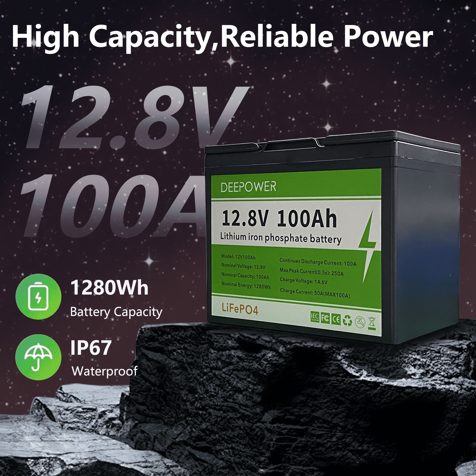 12V 100Ah LiFePO4 Lithium Battery, Grade A Cells, 5000+ Deep Cycle, with 100A BMS, for Home Energy, Boat, Rv, Solar, Backups