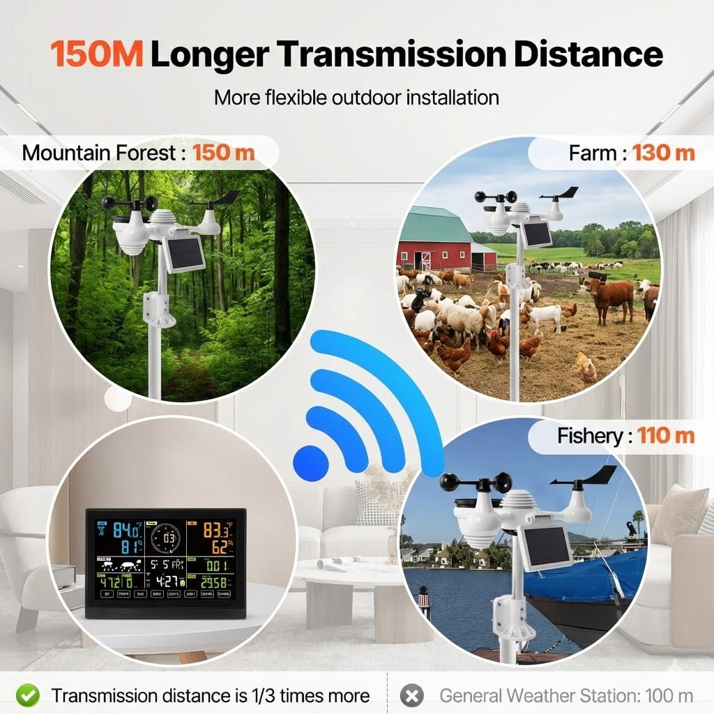 7-in-1 Wi-Fi Weather Station, 7.5 in Color Display, Home Weather Station Indoor Outdoor, with Solar Wireless Outdoor Sensor  Alarm Alerts, for Temperature Humidity Wind Speed/Direction Rain