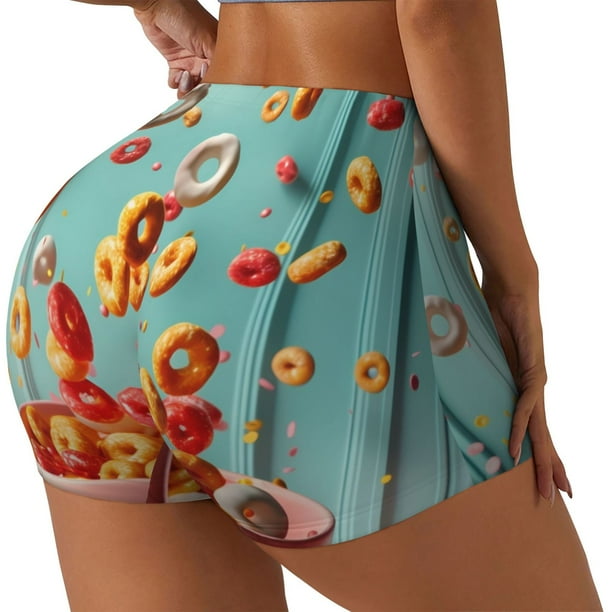Balery Floating Colorful Cereal Pantalones cortos de entrenamiento estampados para mujer, sin costuras, ajustados, para gimnasio, yoga, correr, deportes, ejercicio activo, fitness.-Small