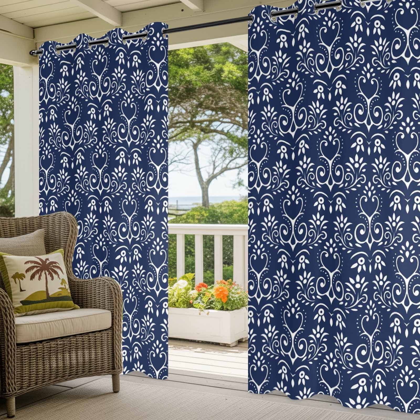 Outdoor Curtains for Patio Waterproof, Navy Blue Spring Floral Windproof Pravicy Outside Porch Blackout Curtain, Modern Abstract Art Farmhouse Sun Blocking Grommets Curtains for Cabana 54"x108"