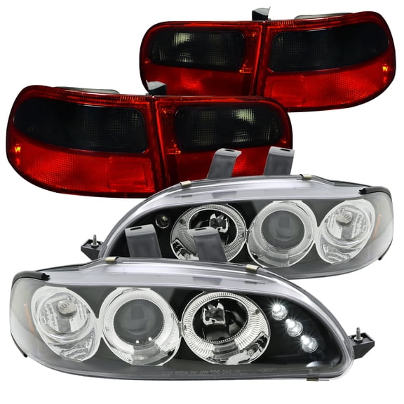 Spec-D Tuning Black Halo LED Projector Headlights   Red/Smoke Tail Lights Compatible with 1992-1995 Honda Civic 3Dr Left   Right Pair Headlamps Assembly