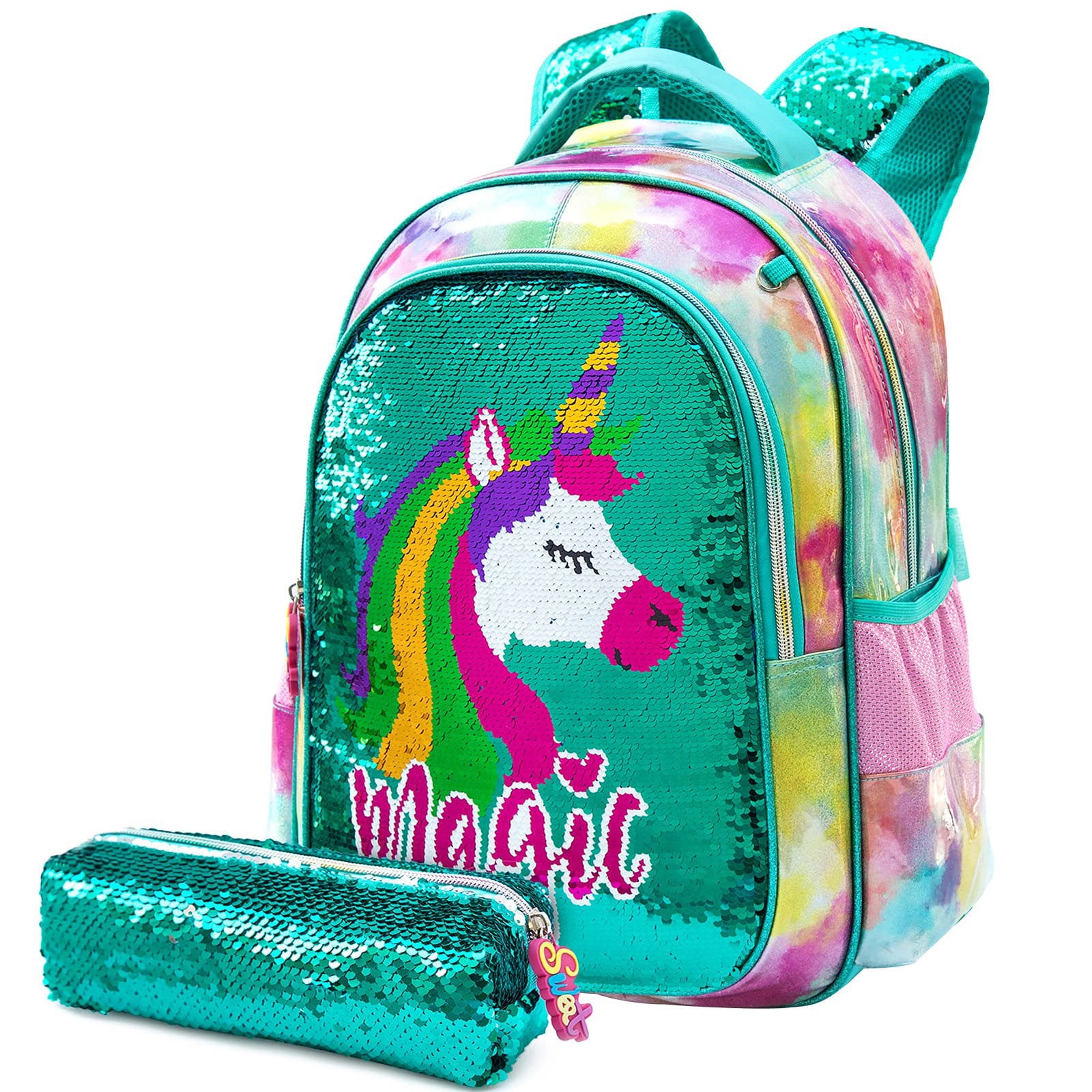 lvyH School Backpack for Kids Girls Students,Glitter Sequin Unicorn Books  Bag Mermaid Backpacks with Pencil Case 