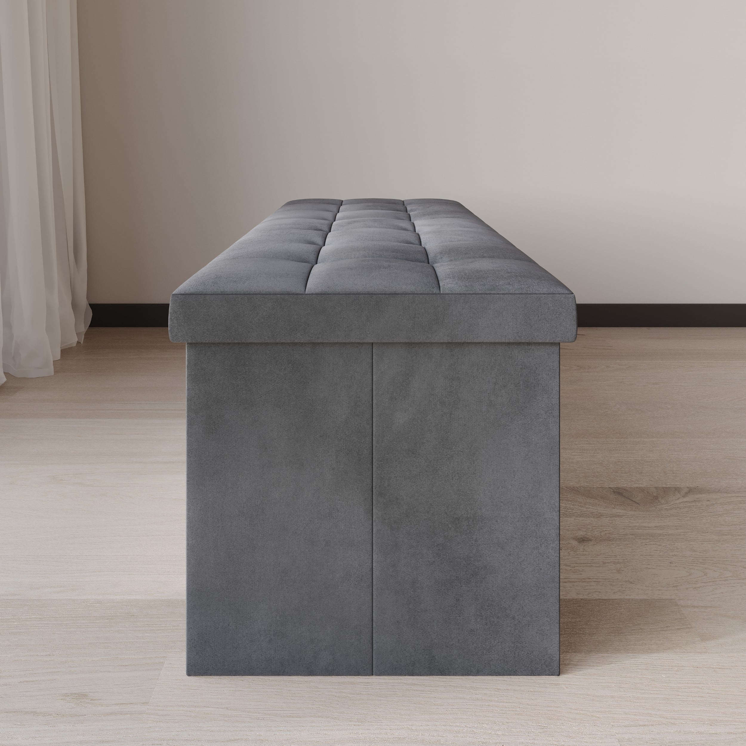 Home Design Chico 42" Tufted Upholstered Folding Storage Bench with Deep Cushion and Front Pocket, Multi-Purpose Rectangular Design for Bedroom, Entryway, or Living Room, Dark Gray