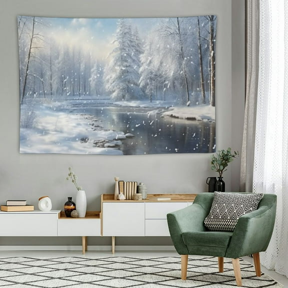 Creowell  Winter Forest Tapestry Wall Hanging Snow Forest Snowflakes Frozen Trees and River Tapestry 60x40 Inch Winter Scene Winter Wonderland Christmas Holiday Wall Decor for Bedroom Dorm 60x40in