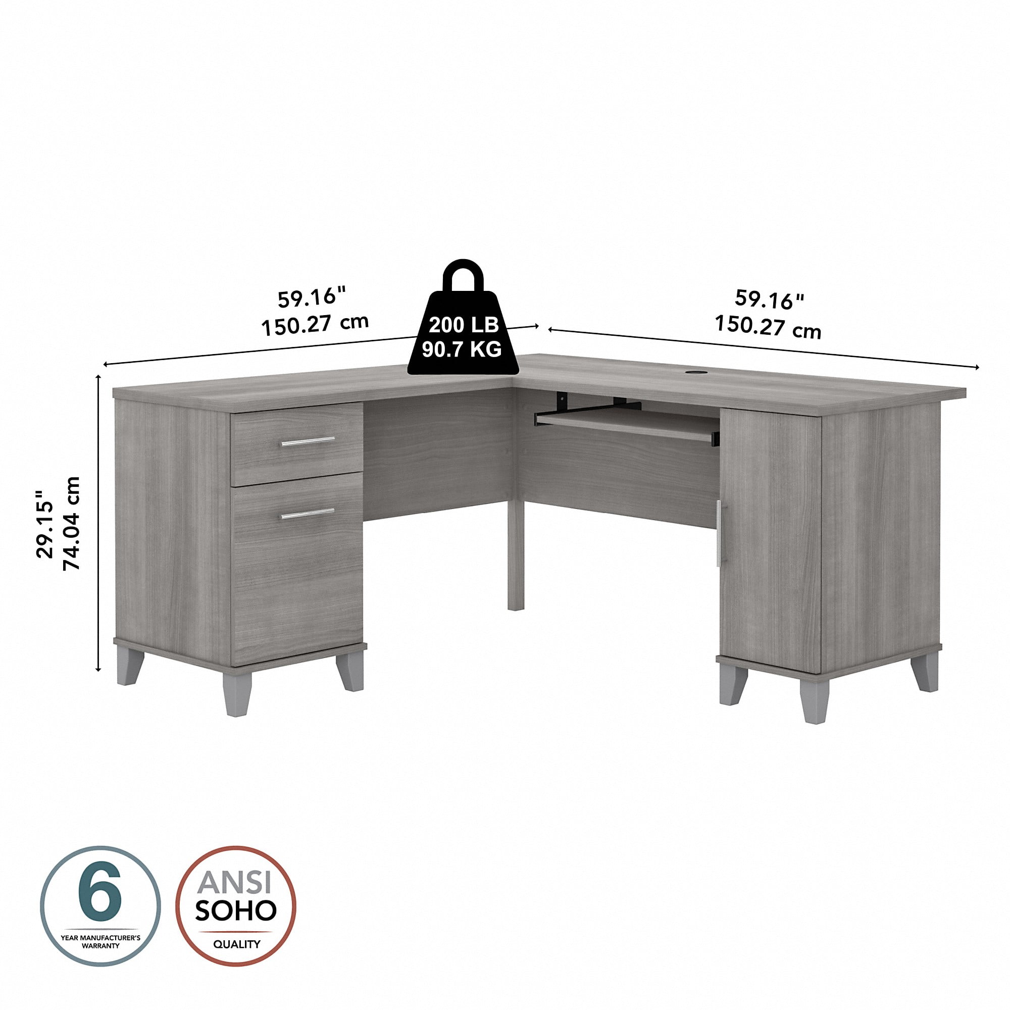 Bush Furniture Somerset 60" L Shaped Desk with Storage, Platinum Gray