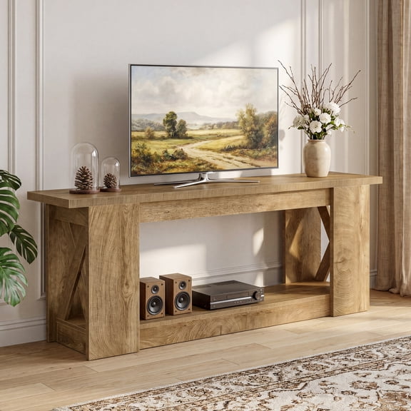 Finmind Farmhouse TV Stand for TVs Up to 70 inch, 63" Long Entertainment Center with 2-Tier Open Storage Shelf, Rustic Wooden Media Console for Living Room, Bedroom, Brown