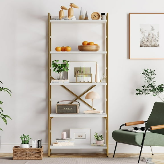 SSyao 5 Tier Bookshelf, Modern Tall Bookcase, Industrial Book Shelves Display Standing Shelf, Free Standing Storage Organizer for Bedroom, Living Room-White gold