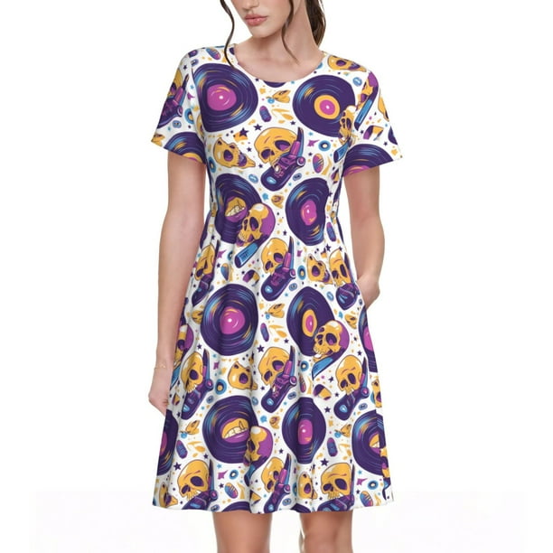 Easygdp record rock Skull star para Vestido Transpirable de Mujer, Vestido Suelto de Manga Corta con Pliegues y Bolsillos para el Verano