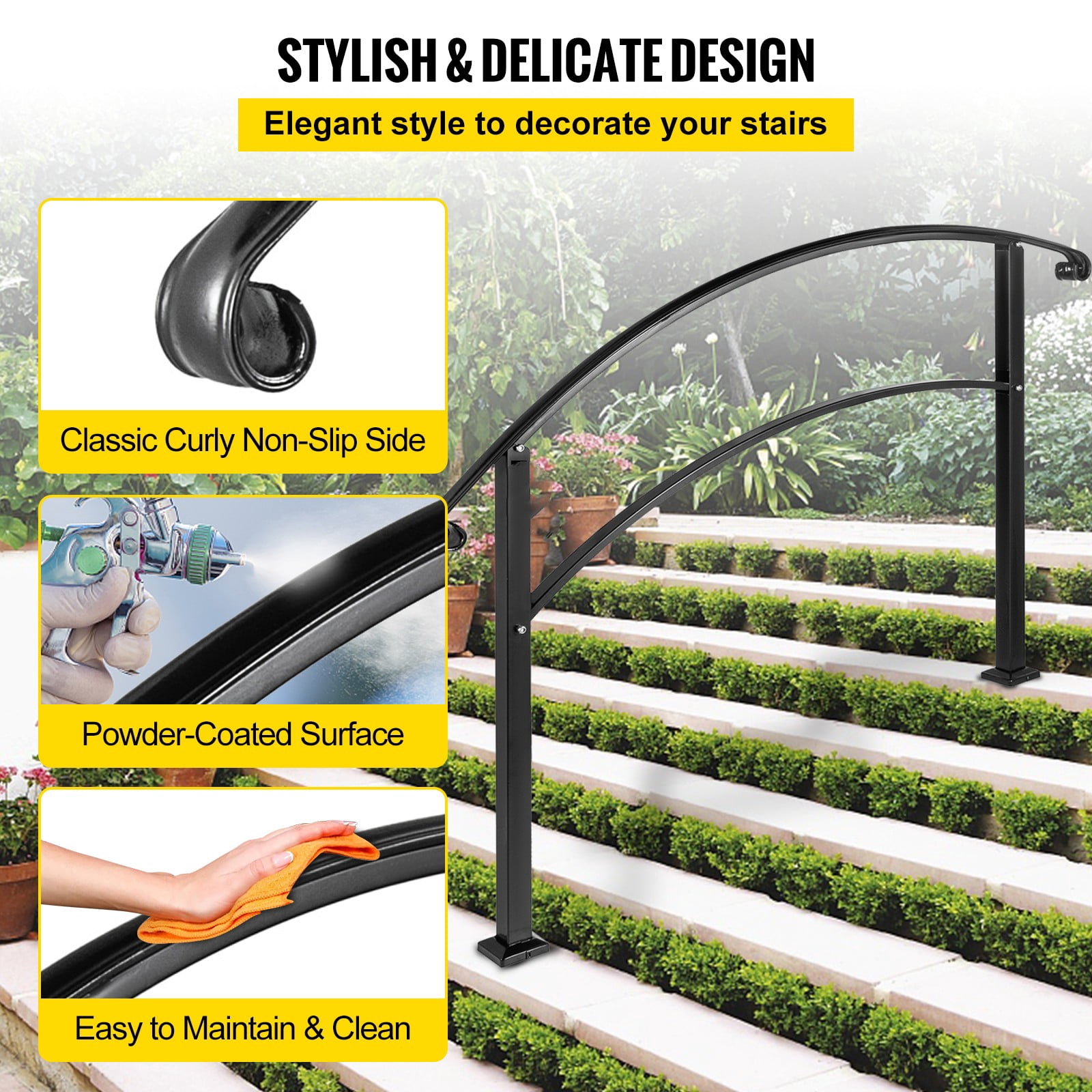 BENTISM 5FT Adjustable Wrought iron Transition Handrail Matte Black Fits 5 Steps