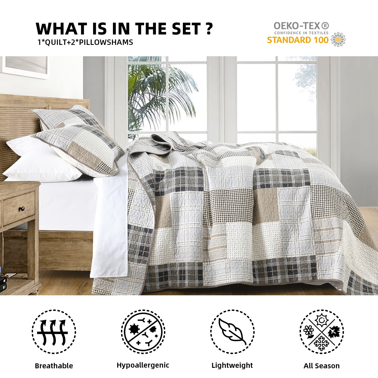 PANGUSHAN Farmhouse Patchwork 3 -Piece Cream/Beige/Gray Bedding Sets, Queen