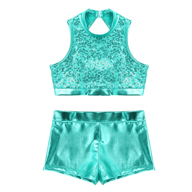 DPOIS Girls Kids Jazz Hip Hop Dancewear Shiny Sequins Crop Top Shorts Set  Lake_Green 12