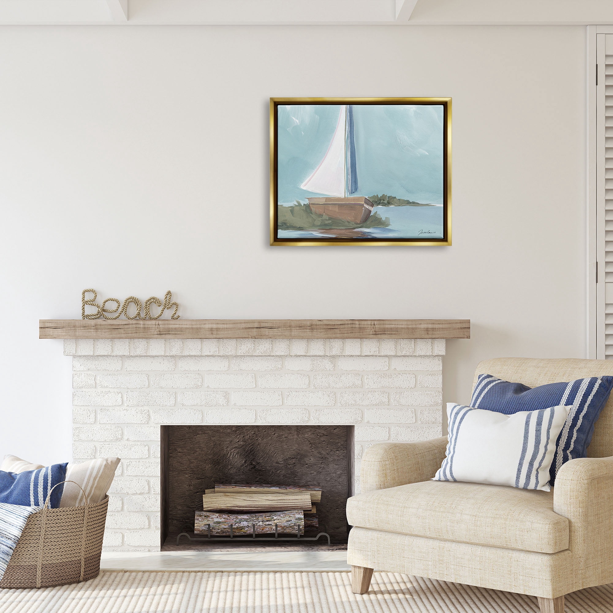 Stupell Industries Maritime Sailboat Scene Transportation Painting Gold Floater Framed Art Print Wall Art, 31 x 25