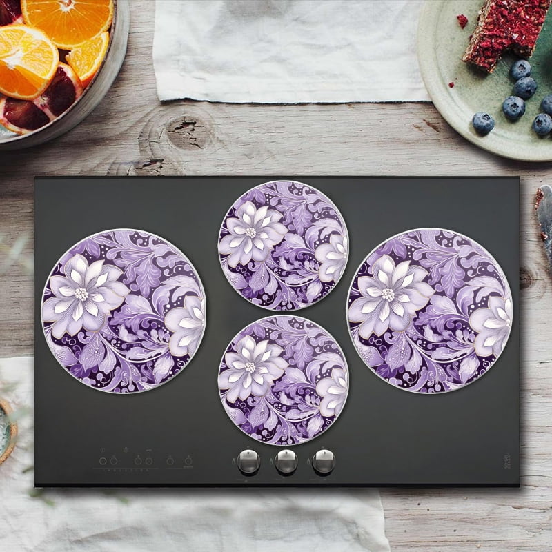 BaHomeck Electric Stove Burner Covers Set of 4,Round Metal Gas Stove Burner Covers 8 Inch and 10 Inch,Kitchen Decor,Purple And White Flowers And Leaves On A Purple Background