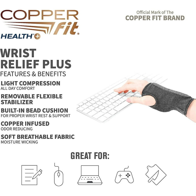 Copper Fit Health Wrist Relief Plus Support Brace, One Size Fits Most,  Gray, FSA HSA Eligible