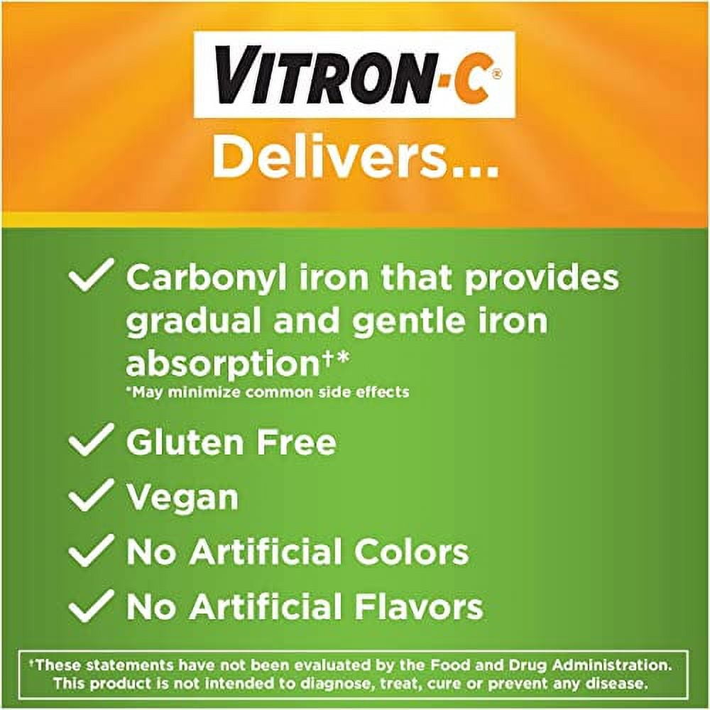 Vitron-C High Potency Iron Plus Vitamin C, Helps Absorb Iron, Gentle on Digestive System, Less Constipation, 60 Coated Tablets (pack of 5)