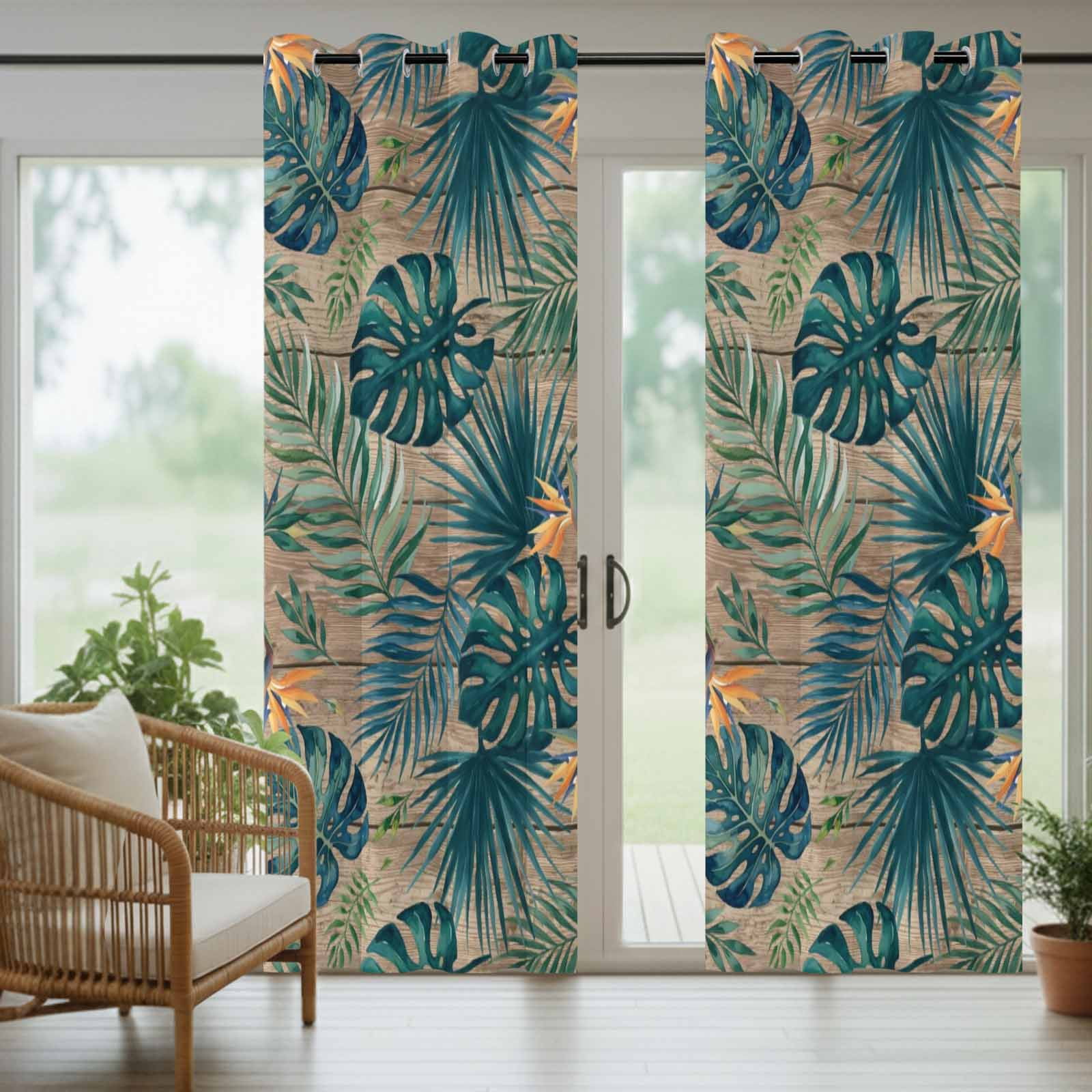 Palm Leaves Outdoor Curtains for Patio, Summer Brown Wood Grain Tropical Botanical Sunshade Privacy Drapes Grommet Waterproof Outside Curtains for Porch/Cabana/Balcony 54"x 108", 1 Panel