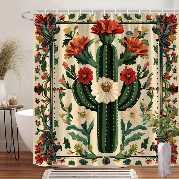 1pc Vibrant Cactus Floral Shower Curtain Mexican Textile Design Red Orange Yellow Flowers Green Background Polyester 70.86x70.86in 12 Hooks Southwestern Desert Bathroom Decor