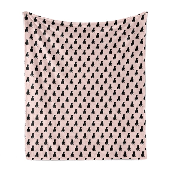 Cat Soft Flannel Fleece Blanket, Black Cat Silhouettes on Pink Background Girlish Hand Drawn Art Simple Motifs, Cozy Plush for Indoor and Outdoor Use, 50" x 70", Pale Pink and Black, by Ambesonne